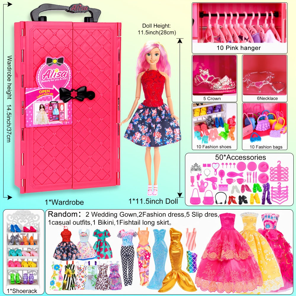 Doll Closet Playset 105 Piece Rose Wardrobe for 11.5 Inch Dolls, Wedding Gowns Fishtail Dress Swimsuit Shoes Handbags Crowns & Necklaces