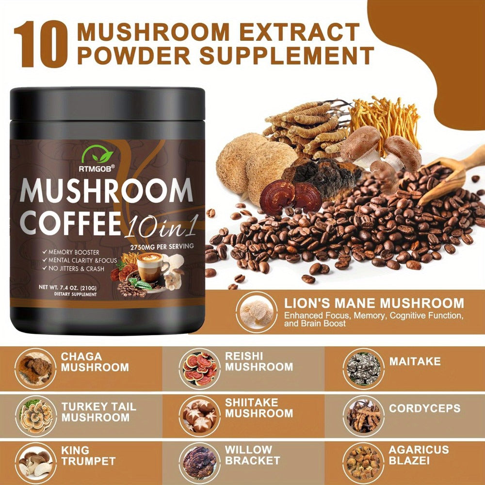 Mushroom Coffee Blend Powder 210g, Instant Coffee with Lion's Mane, Reishi, Cordyceps, Chaga & Chanterelle