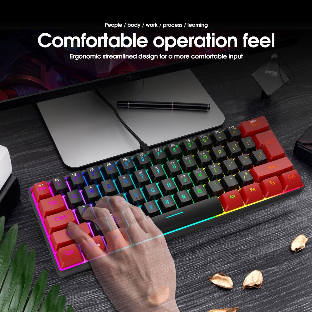 Red-and-Black 61-Key Compact Wired Keyboard with Detachable Cable and Multicolor-Lit Keycaps