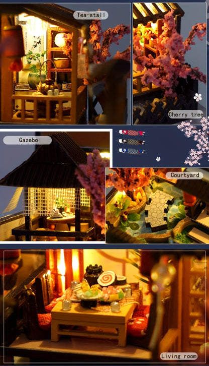 DIY Miniature House Kit, Sakura Garden Villa Wooden Dollhouse with Full Furniture & Accessories, Japanese Cherry Blossom Style