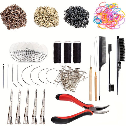 Micro Ring Hair Extension Tools Kit 1500 Rings – Complete Set with Plier, Crochet Hook, Needles, Threader, Rubber Bands, Clips