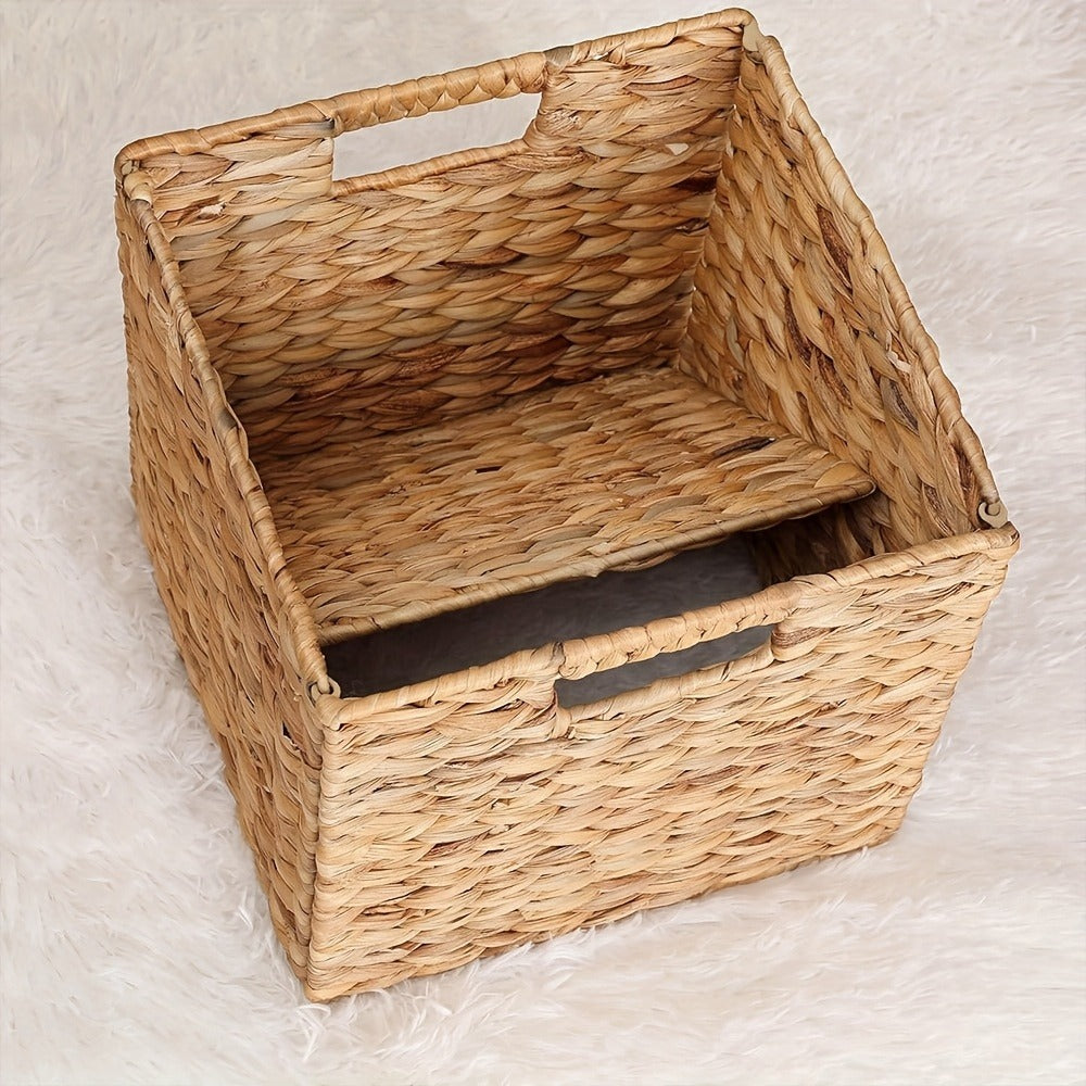 Water Hyacinth Storage Baskets 11in – Handwoven Stackable Cube Baskets for Shelves Closet Laundry, Natural Wicker Organizer Bins