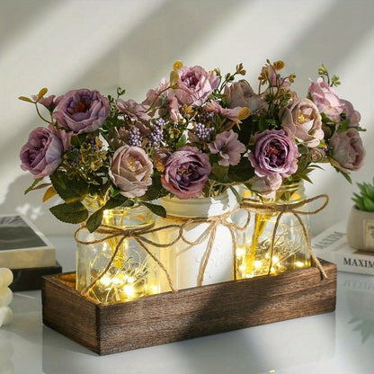 Mason Jar Centerpiece Table Decorations with Wood Tray & LED Lights, 3-Piece Farmhouse Decor Set for Dining Room