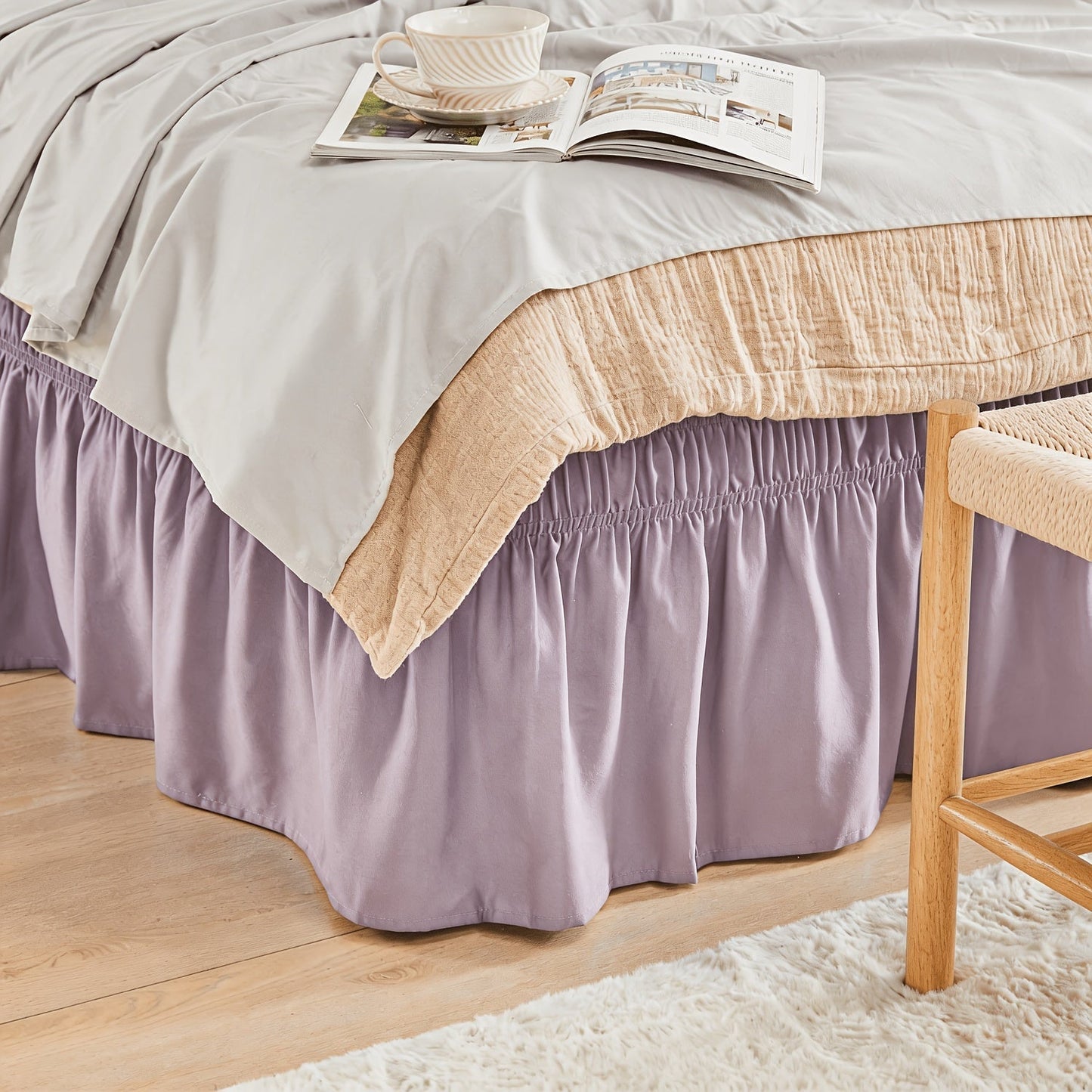 Bed Skirt Elastic Wrap Around Ruffle – 15 Inch Drop Microfiber Dust Ruffle, Adjustable No-Lift Fit, Fade Resistant Machine Washable