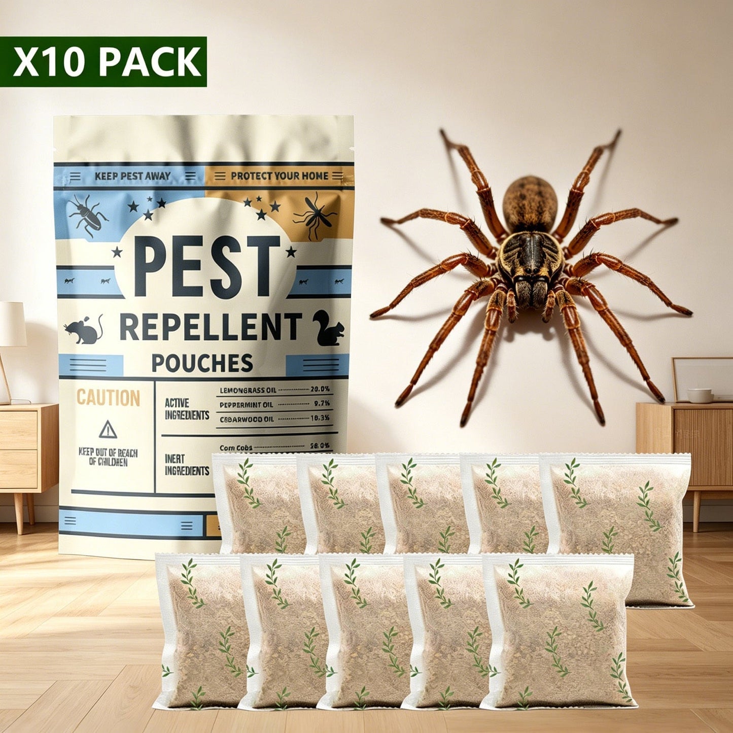 Spider Pouches 10 Pack, Peppermint & Lemongrass Oil, Natural Indoor Outdoor Spider, Safe for Kids & Pets