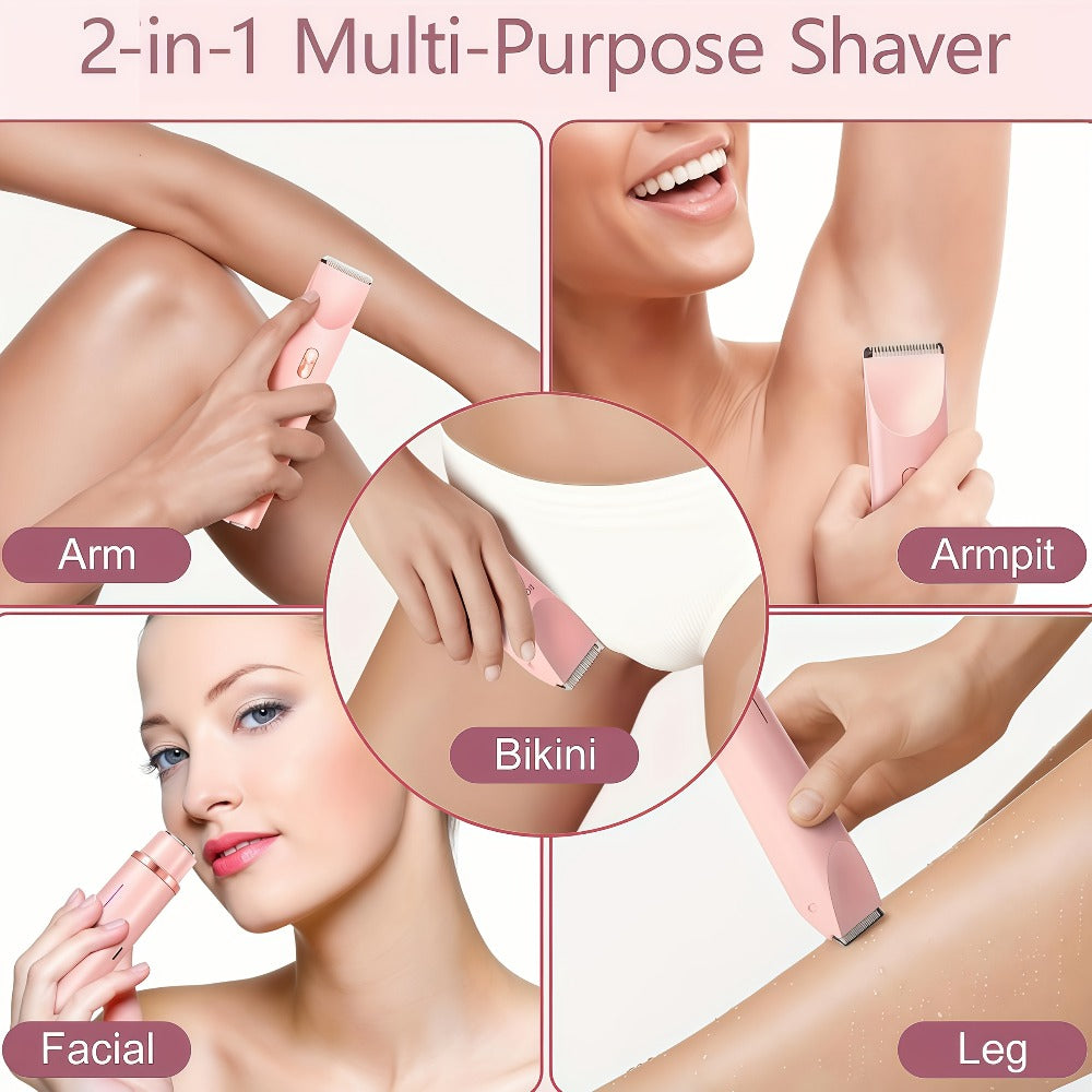 Bikini Trimmer for Women 2-in-1 Dual Head IPX7 Waterproof Electric Shaver Body Hair Trimmer Facial Hair Remover Bikini Underarm Leg Arm Face