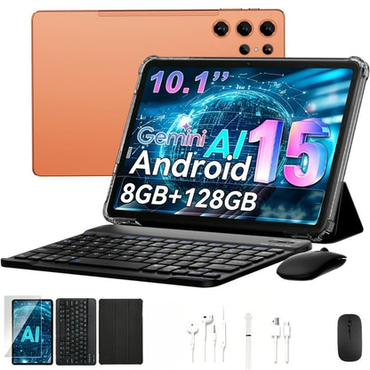 2-in-1 Tablet Android 15, 10.1 Inch Tablet with Keyboard Case Stylus, 8GB RAM 128GB ROM, 8000mAh Battery