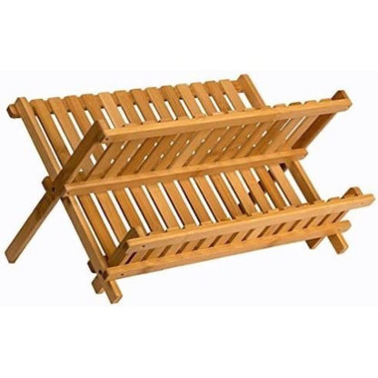Bamboo Dish Drying Rack 2 Tier – Collapsible Wooden Dish Drainer with 14 Plate Slots, Compact Kitchen Counter Organizer for Dishes, Cups