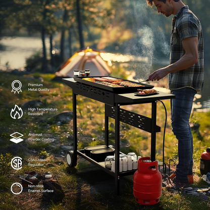 Flat Top Griddle Propane Tabletop 2 or 4 Burner, 20000 BTU Portable Gas Grill with Nonstick Enamel Tray
