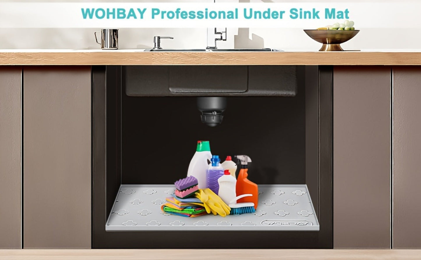 Under Sink Mat Silicone 34" x 22" Undersink Drip Tray Liner for Kitchen Bathroom Cabinet, Holds 2 Gallons