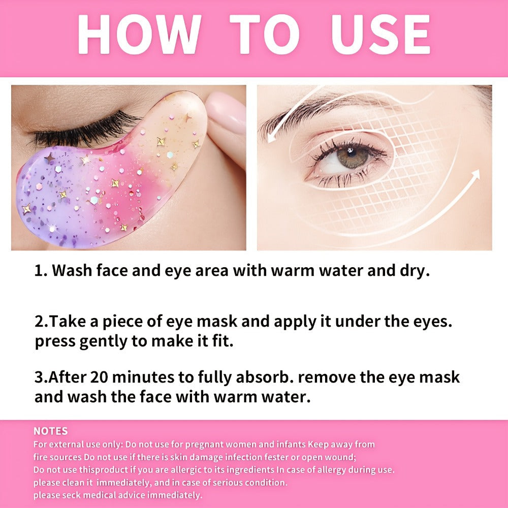 Tri-Color Glitter Under-Eye Mask Set with 24 Pairs of Individually Packed Pink, Gold and Green Gel Patches