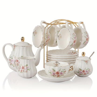 Porcelain Tea Set for 6 - 22 Piece British Royal Floral Service with Teapot, Cups & Saucers, Sugar Bowl