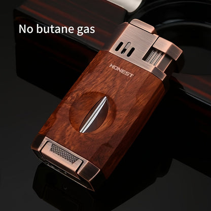 Cigar Torch Lighter with V-Shaped Cigar Cutter Built-in Clip Dual Windproof Jet Flame Visible for Entryways, Bedrooms and Living Spaces