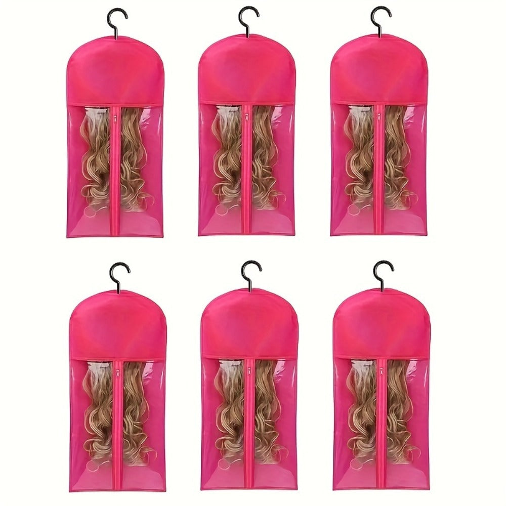 Hanging Wig Storage Bags, Six-Piece Black Set with Clear Front Panels, Zippers and Integrated Hangers