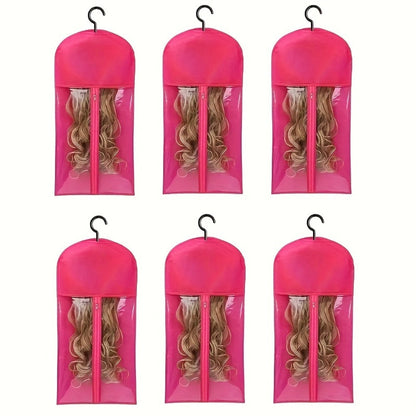 Hanging Wig Storage Bags, Six-Piece Black Set with Clear Front Panels, Zippers and Integrated Hangers