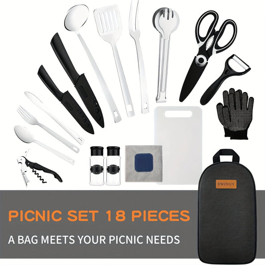 Portable Camp Kitchen Cooking Utensil Set with Water-Resistant Travel Organizer Case – Compact Grill Accessories Kit for Backpacking, BBQ