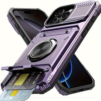 iPhone Card Slot Shockproof Case with Ring Holder & Kickstand – Wallet Phone Cover for iPhone 17 17 Air 17 Pro Max 16 15 14 13 12 11 Pro Max