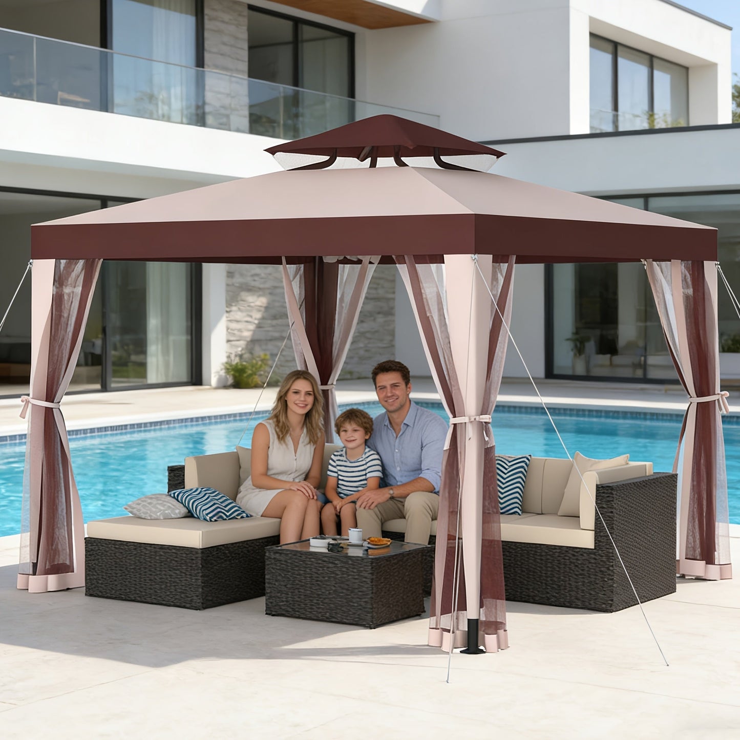 Gazebo with Mosquito Netting Steel Frame, Backyard Garden BBQ Party for Grilling, Camping and Outdoor Meals