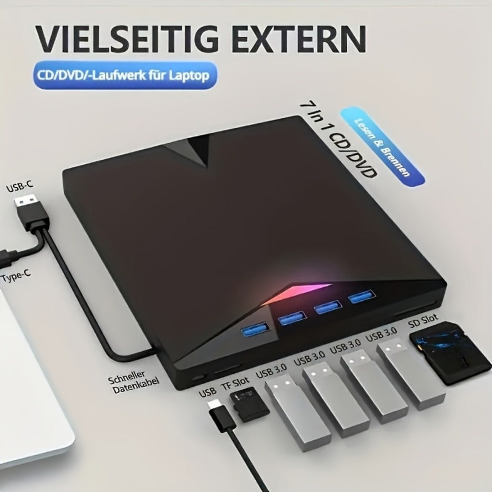 7-in-1 External DVD Drive USB 3.0 with 4 USB Ports & Dual TF/SD Card Reader - High-Speed CD/DVD Burner for Laptop Mac PC