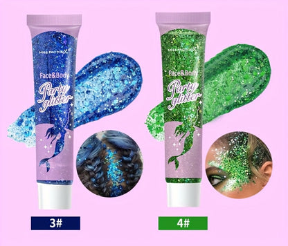 Face Body Glitter Gel Set 30 Pieces – Colorful Shapes Mermaid Sequin Stars Hearts, Transparent Gel Base, Skin-Safe Shimmer Makeup