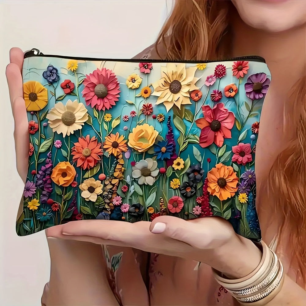 Makeup Bag Four-Piece Daisy Floral Foldable Zipper Pouch Set for Travel, Vanity and Everyday Beauty Storage