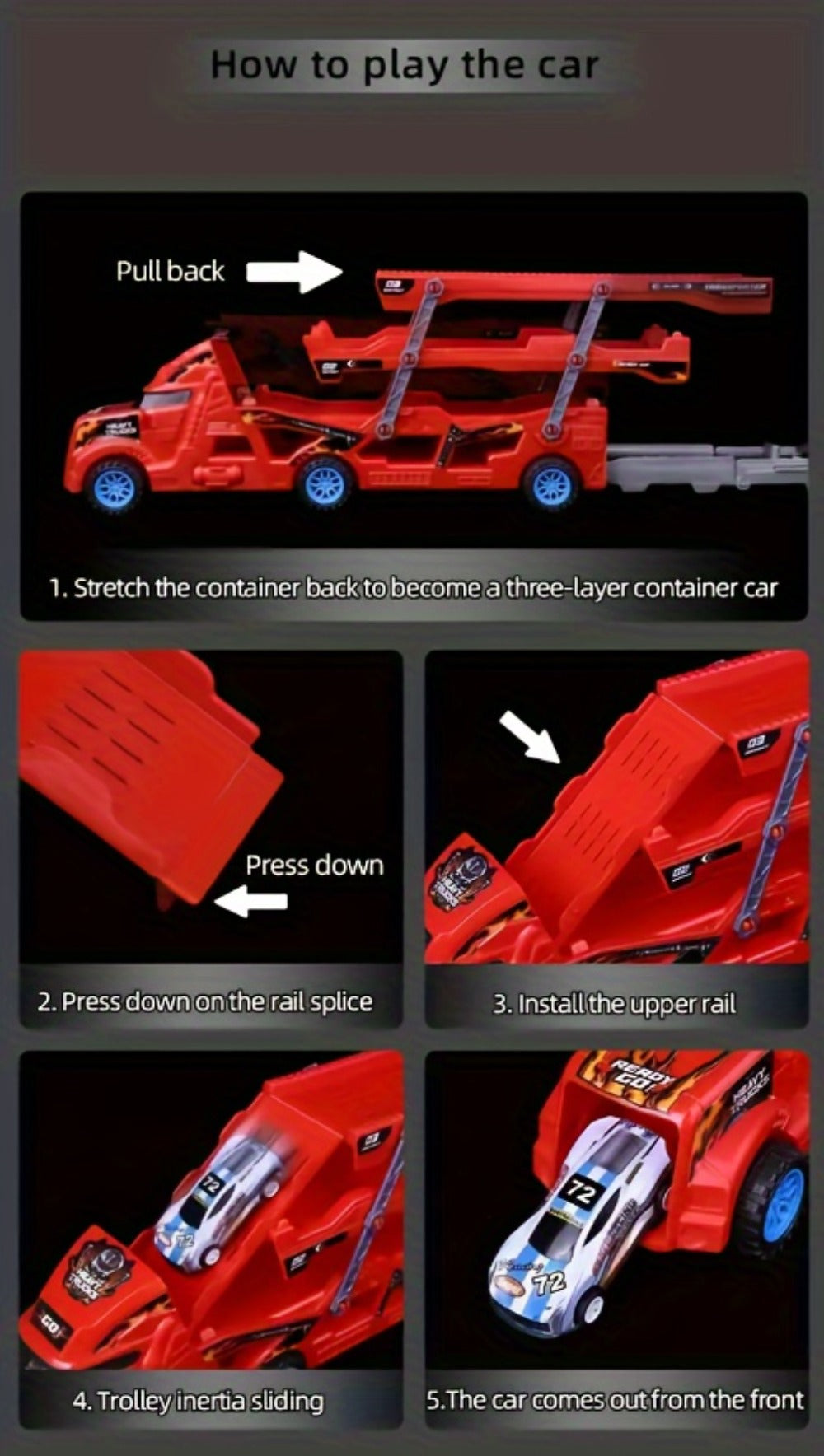 Transforming Launcher Truck Playset with 8 Alloy Cars, Foldable Storage Transporter Toy, Car Carrier Truck with Launch Ramp