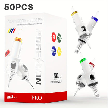 Tattoo Cartridge Needles 50pcs Mixed Size Set - Poseidon V6 Assorted Round Liner Shader for Temporary Body Art, Festivals and Costumes