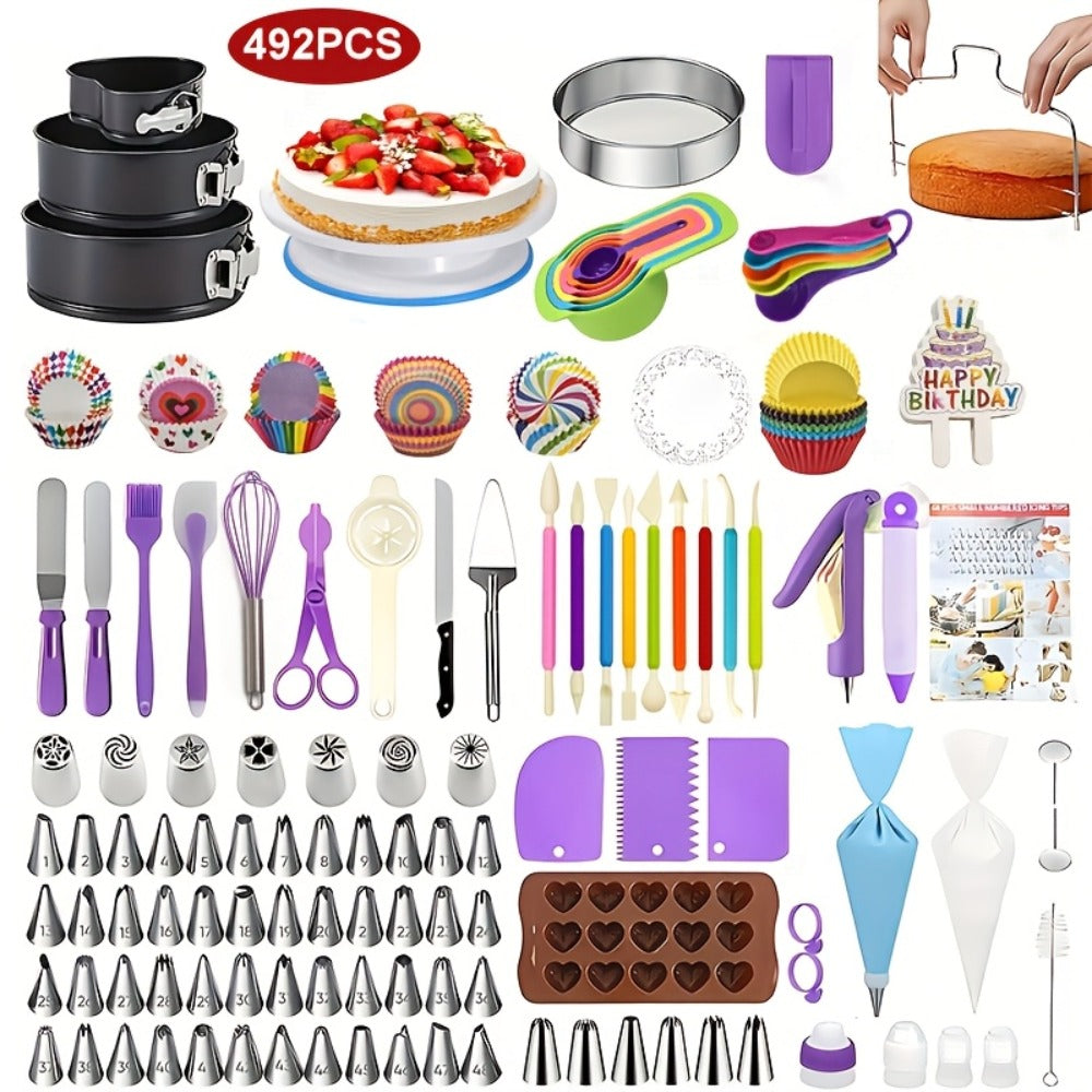 Piping Bags and Tips Set 492pcs Complete Cake Decorating Kit with Turntable Frosting Spatula for Entryways, Bedrooms and Living Spaces
