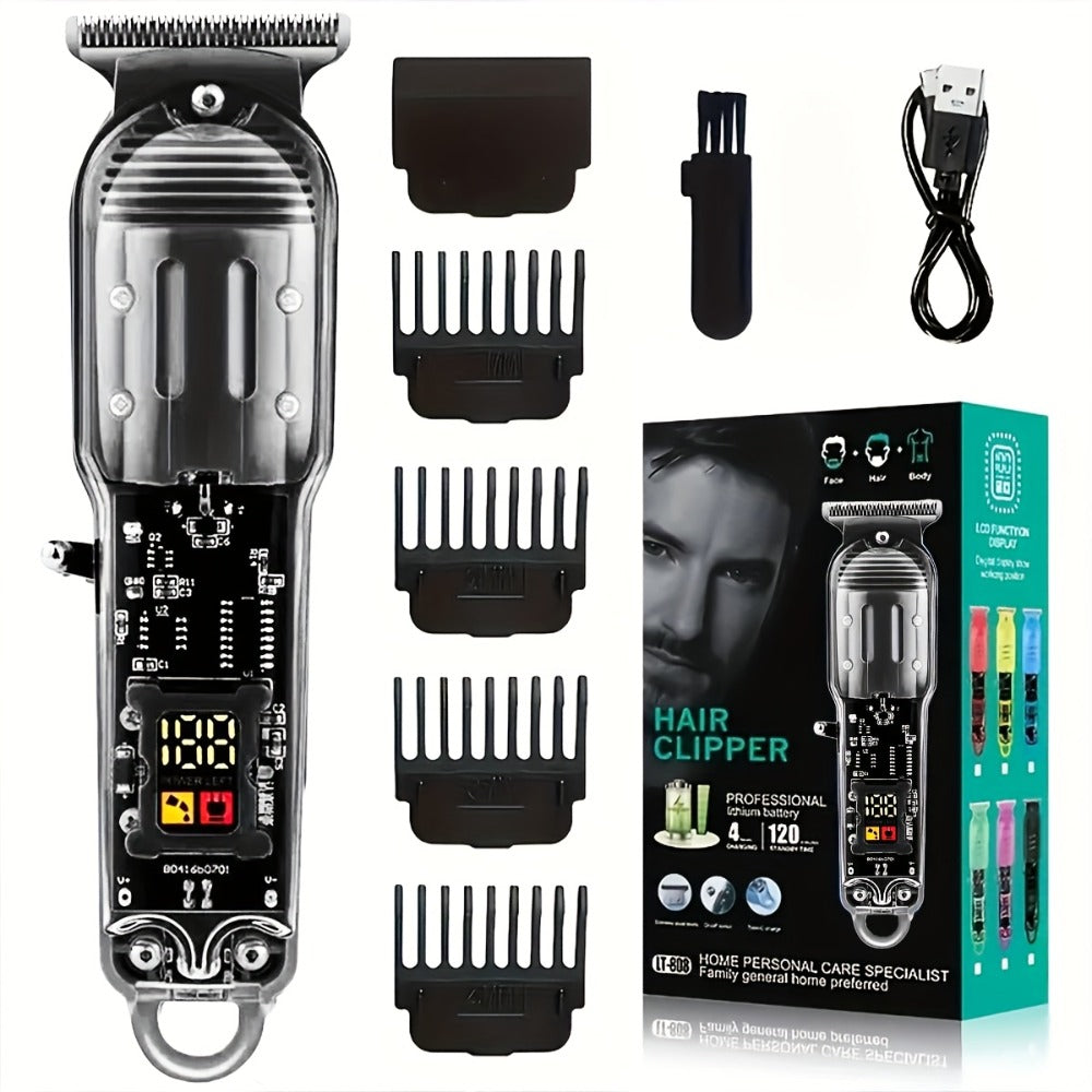 Hair Clippers & Trimmers Transparent LCD Kit with Full-Size Clipper, T-Blade Detailer, Foil Shaver and Type-C Charging
