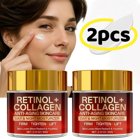 Two-Jar Day and Night Face Moisturizer Set with Retinol + Collagen Package Label and 60 g Jars