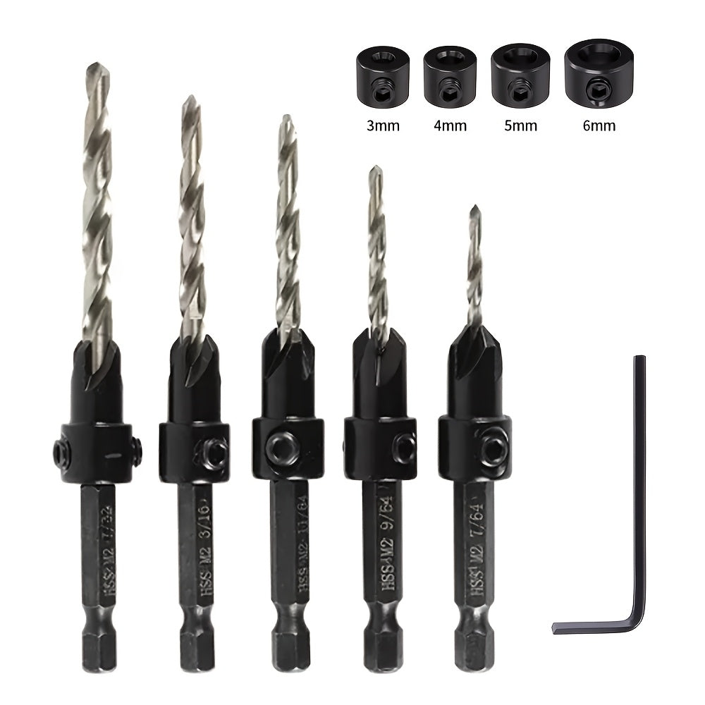 5pcs Countersink Drill Bit Set #4 #6 #8 #10 #12 Tapered with 1/4" Hex Shank Quick-Change for Entryways, Bedrooms and Living Spaces