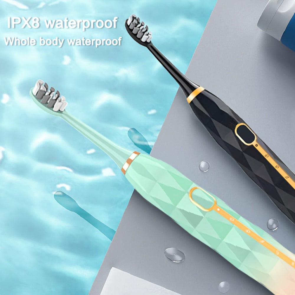 IPX8 Sonic Electric Toothbrush with 8 Replacement Brush Heads – Metal Shaft, USB Rechargeable 500mAh, Travel Case & Holder