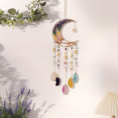 Dreamcatcher Moon Suncatcher Wall Hanging, Handmade Boho Wind Chime Pendant for Indoor Outdoor Garden