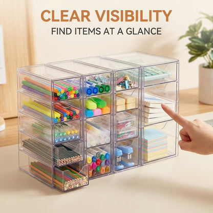 Clear Modular Drawer Organizer with 8- or 16-Drawer Checkout Sets for Office, Makeup and Craft Supplies