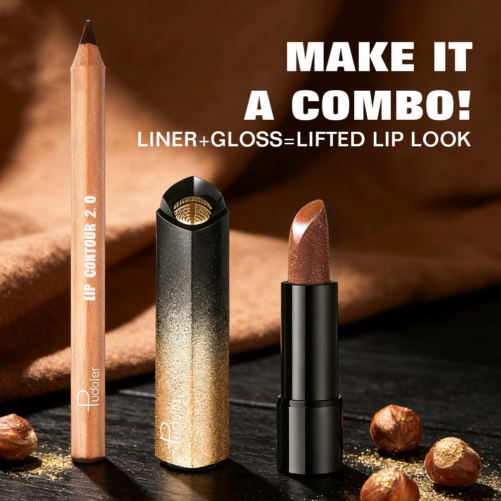 Golden Lipstick Set with Lip Liner Pencil 2 Piece, Brown Shimmer Lipstick and Nude Lip Liner