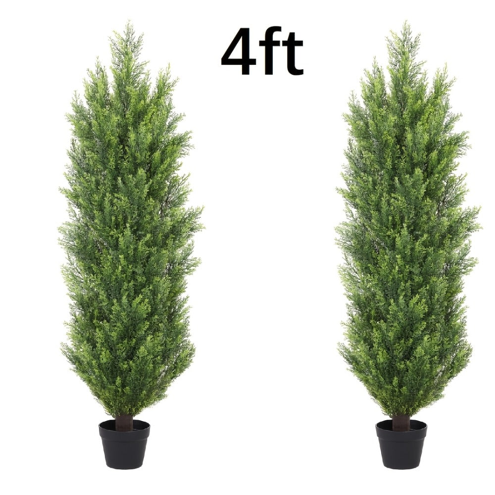 Two-Pack Artificial Cedar Topiary Trees with 4, 5 or 6 ft Height Options and Optional 16-Inch Black Planters