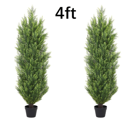 Two-Pack Artificial Cedar Topiary Trees with 4, 5 or 6 ft Height Options and Optional 16-Inch Black Planters