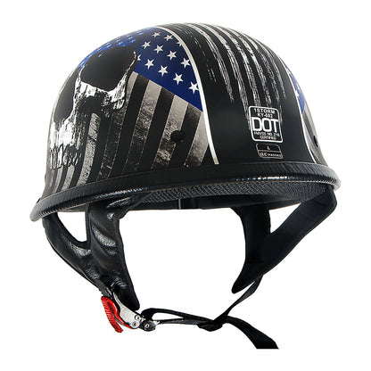 German Style Motorcycle Half Face Helmet – Novelty Skull & Carbon Fiber Design, UV Glossy Finish, Removable Washable Padding