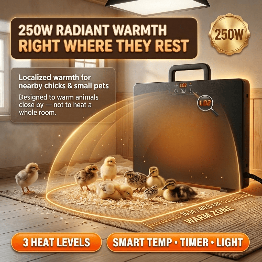 Brooder Heater 250W Heating Panel for Chicks, Ducklings & Quail, 3 Heat Levels, 4-Timer Settings