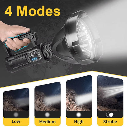 XHP90 High Power LED Flashlight USB Rechargeable Powerful Spotlight Searchlight, 4 Modes for Camping, Travel and Outdoor Use