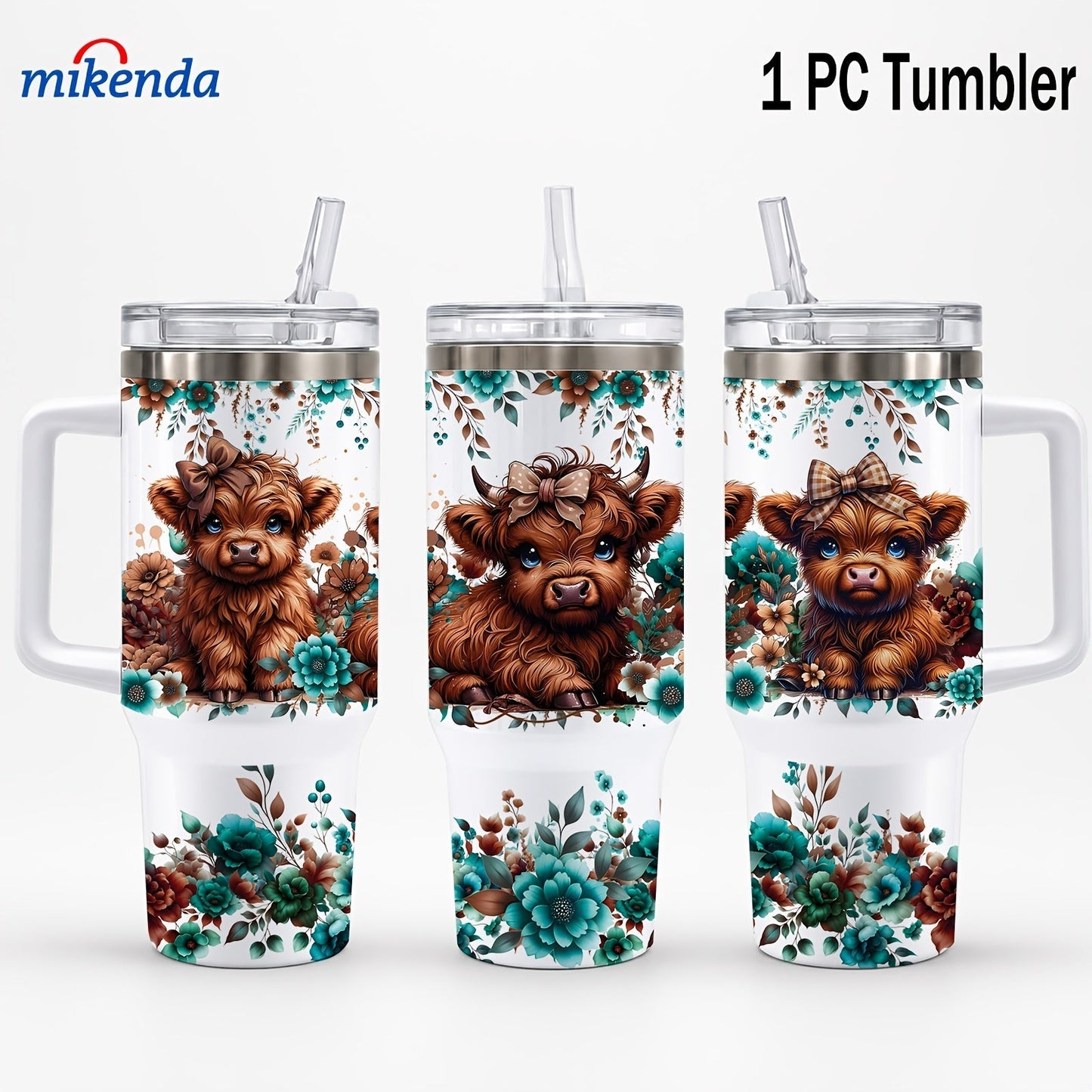 Insulated Tumbler 16oz or 40oz-2 Highland Cow Floral Graphic in 304 Stainless Steel Vacuum Design