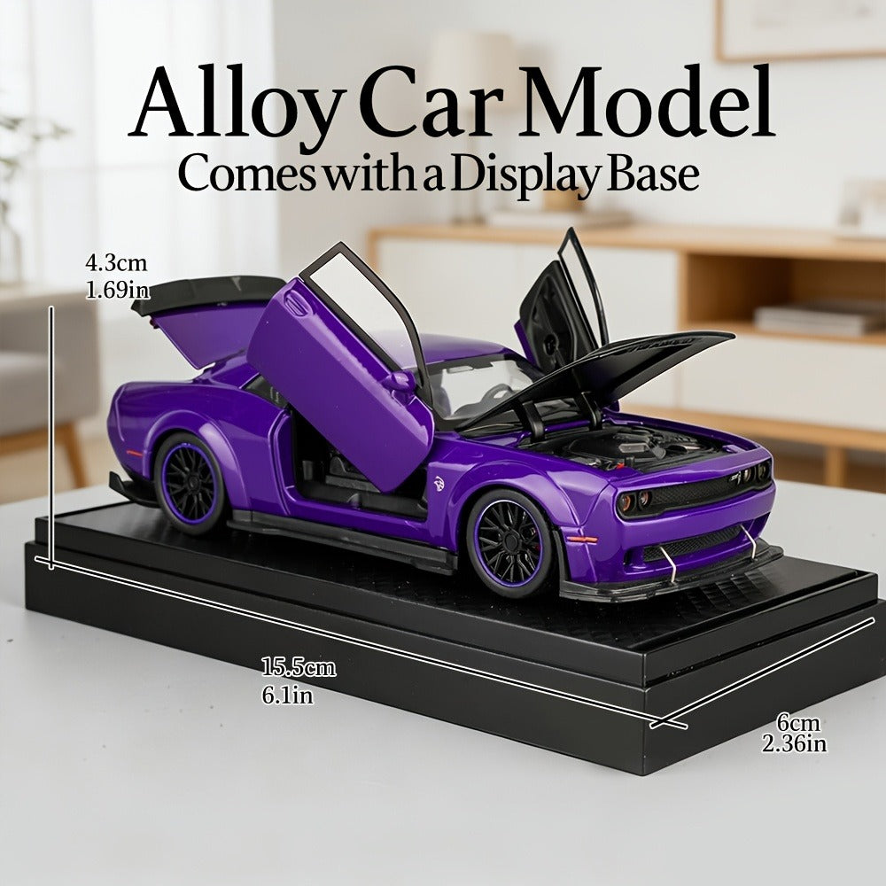 Purple Dodge Sports Car Zinc Alloy Diecast Model with Display Base & Openable Doors, High Simulation Static Display Collectible