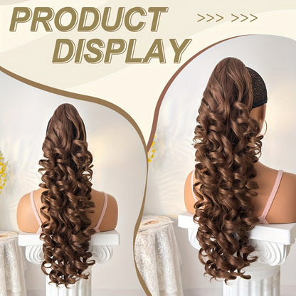 Curly Ponytail Extension 28 Inch Long Heat Resistant Synthetic Clip In Wrap Around Hairpiece Voluminous Bouncy Curls 4 Styles for Women