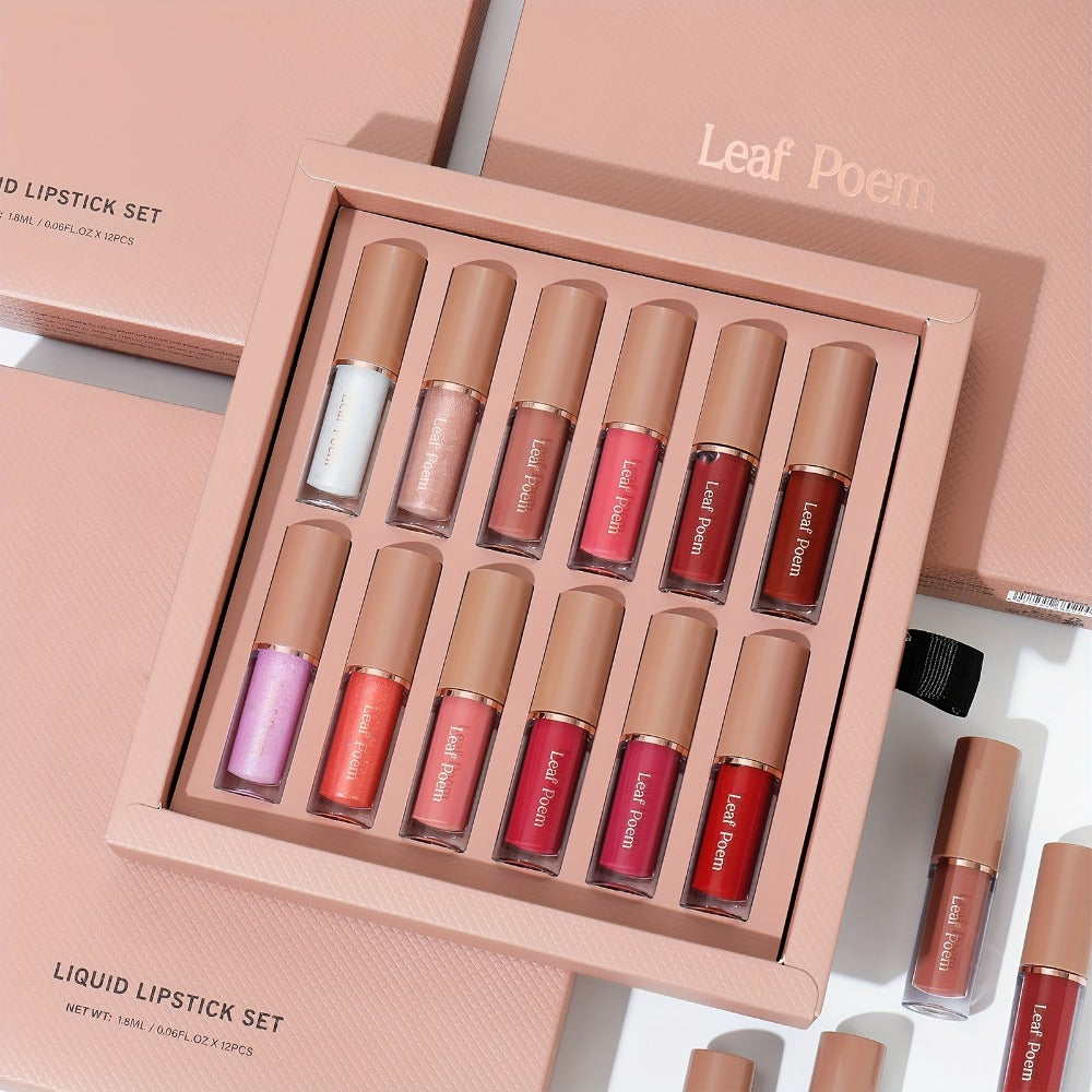 12-Piece Velvet Matte Lipstick Set Mirror Finish Waterproof High Pigment, for Makeup, Travel and Everyday Vanity Use