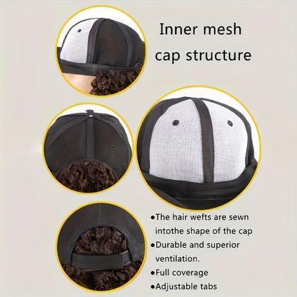 Afro Kinky Curly Baseball Cap Wig for Women 18 Inch Hat and Wig Combo Adjustable Elastic Net Long Synthetic Curly Hair Multi-Color Casual