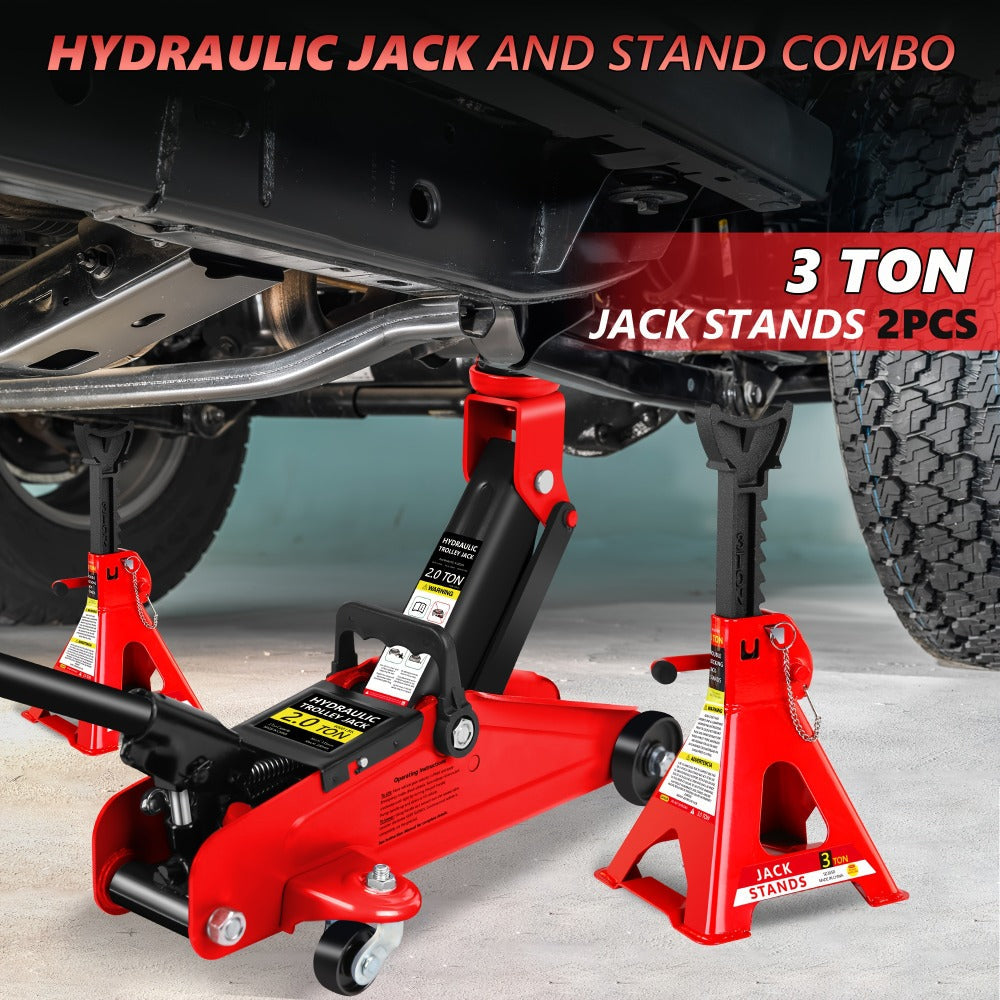 Hydraulic Floor Jack Kit 2/2.5/3 Ton Low Profile Trolley Jack with Jack Stands, Tire Repair Kit, Wheel Wrench & Wheel Chock Combo – Red/Blue