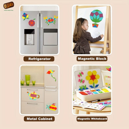Magnetic Wooden Puzzle Blocks 128 180 220 Piece Set, Geometric Figures Cognitive Learning STEM Toy for Kids