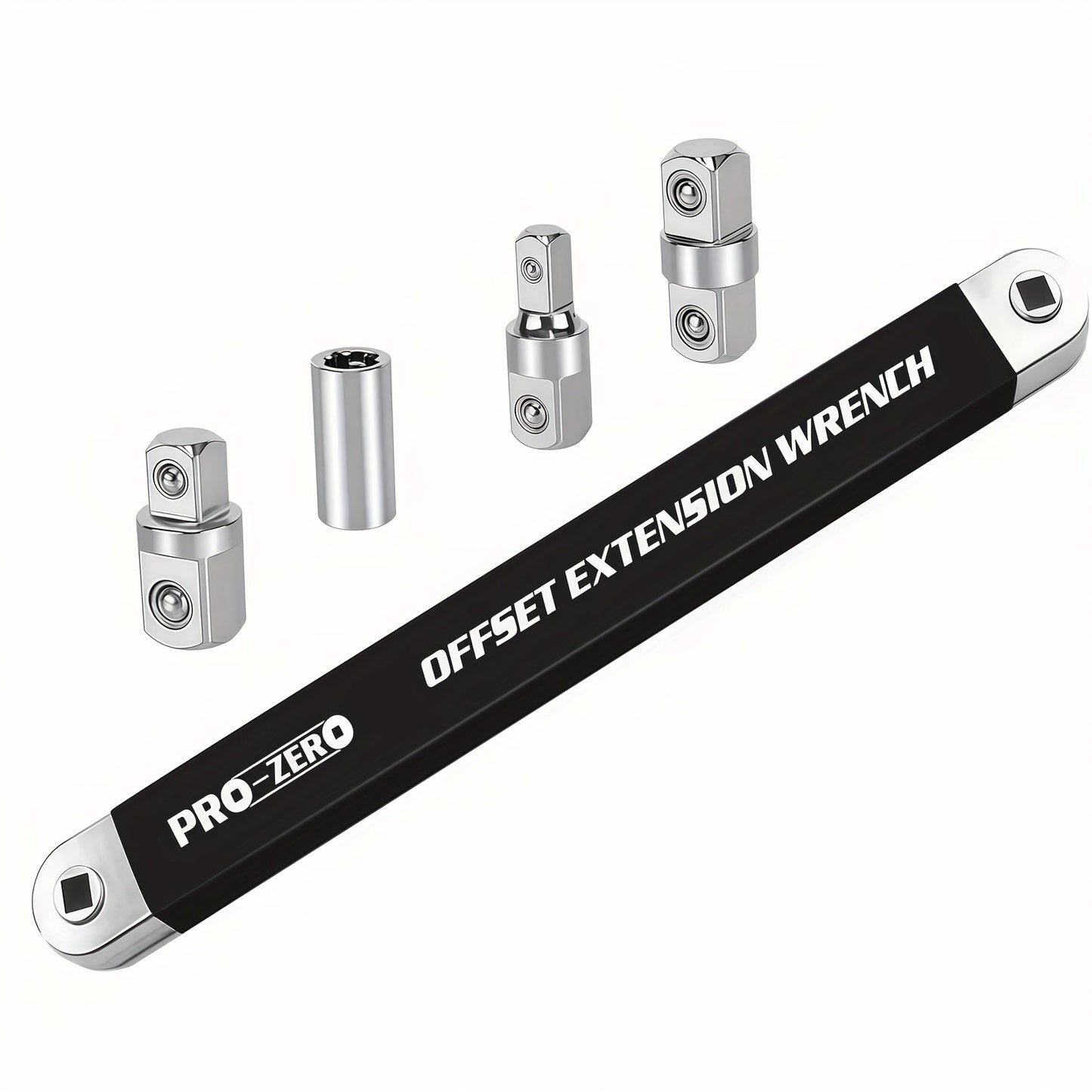 Ratchet Wrench 2-in-1 Offset Extension with 1/4" 3/8" 1/2" Square Head Adapters, 180-Degree Rotation High Torque Non-Slip Handle