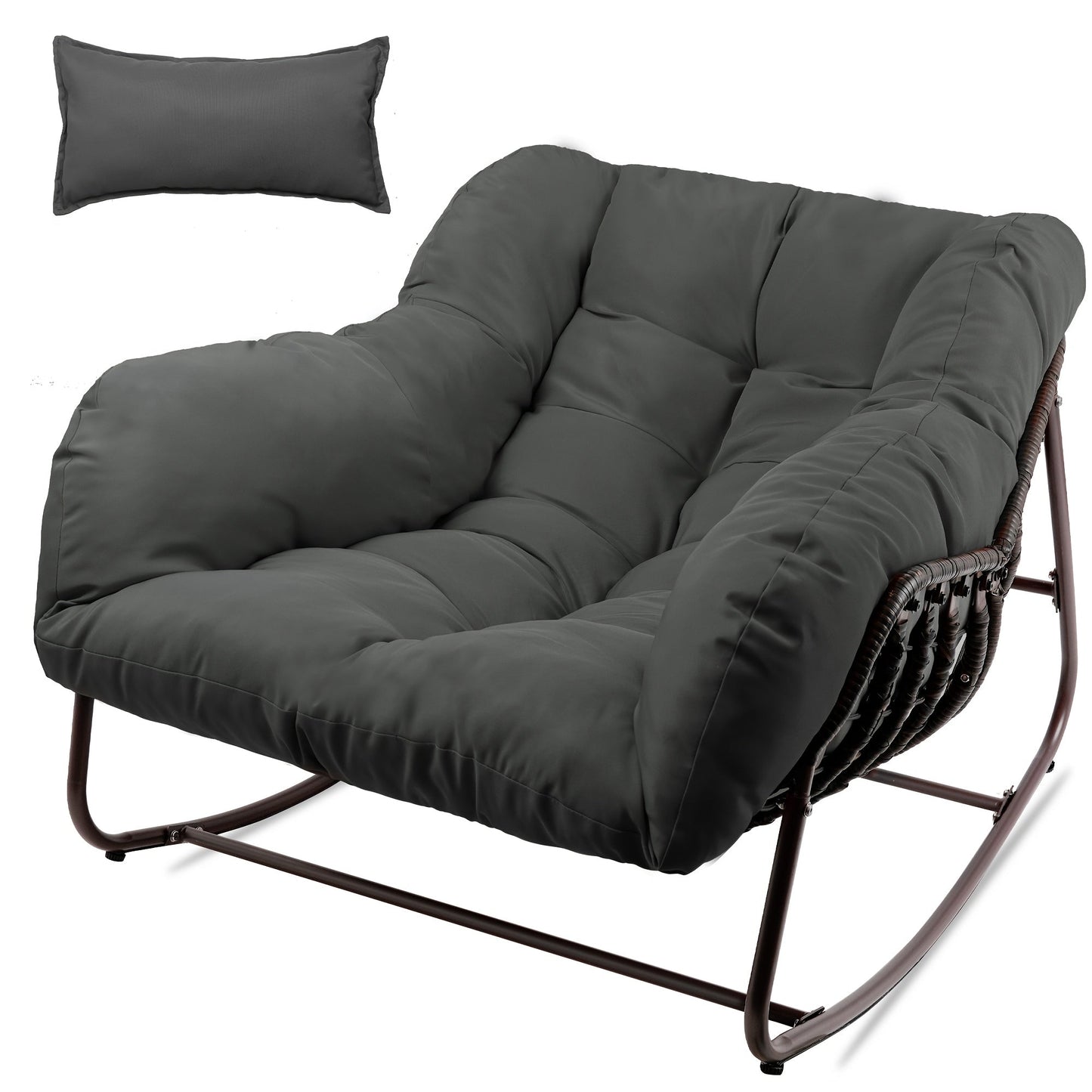 Papasan Rocking Chair Outdoor Wicker Egg Chair with Cushion & Pillow, Large Patio Rocker for Garden