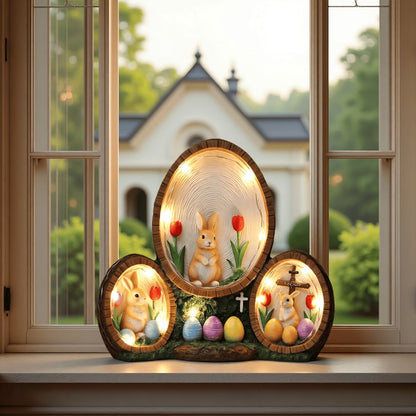 Handmade Resin Easter Egg Ornament - Painted Tulip Rabbit & Cross Decoration, Glowing Home Decor Accent for Easter